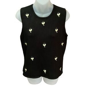 Etoile Knit Tank Top Round Neck Embroidered Champagne Glasses Black Yellow Large
